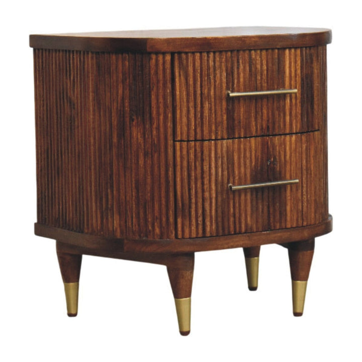 Ribbed Chestnut Bedside Table with Brass Handles - Solid Mango Wood Nightstand - product view 2 showing handcrafted solid...
