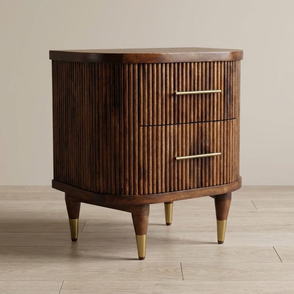 Ribbed Chestnut Bedside Table with Brass Handles - Solid Mango Wood Nightstand - main view showing handcrafted solid...