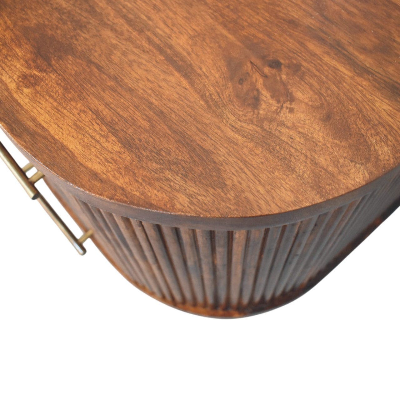 Ribbed Chestnut Bedside Table with Brass Handles - Solid Mango Wood Nightstand - product view 6 showing handcrafted solid...