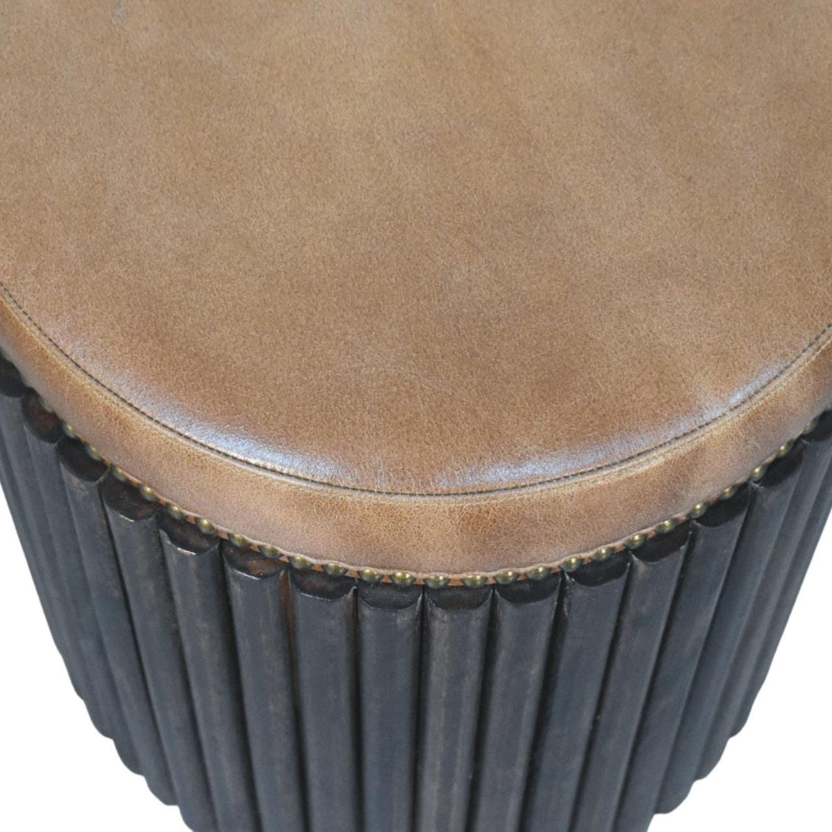 Ribbed Leather Accent Stool with Solid Mango Wood Base - product view 4 showing handcrafted solid mango wood stool