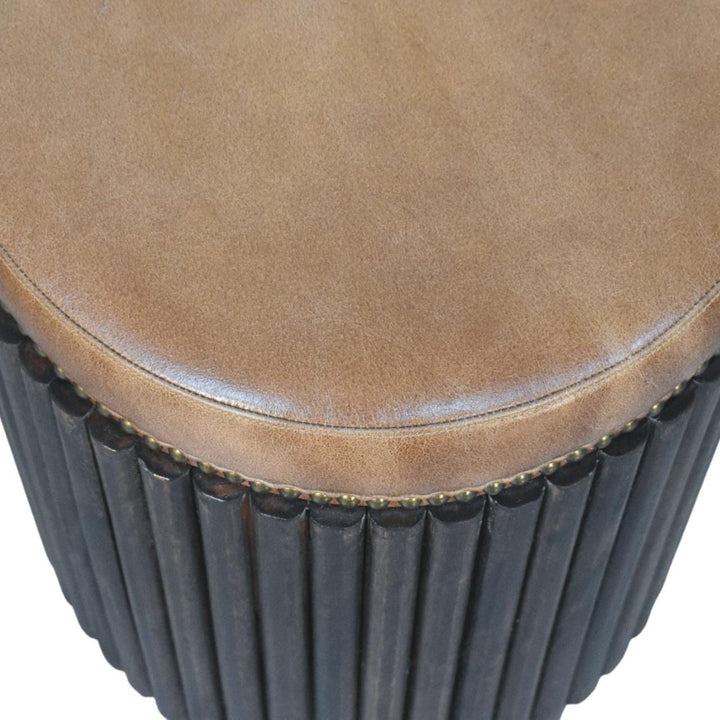 Ribbed Leather Accent Stool with Solid Mango Wood Base - product view 4 showing handcrafted solid mango wood stool