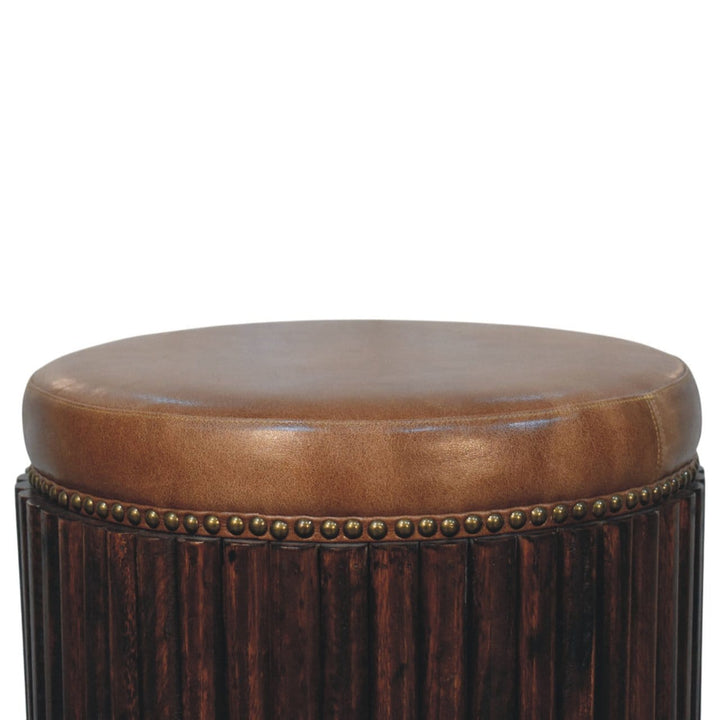 Ribbed Leather Accent Stool with Solid Mango Wood Base - product view 3 showing handcrafted solid mango wood stool