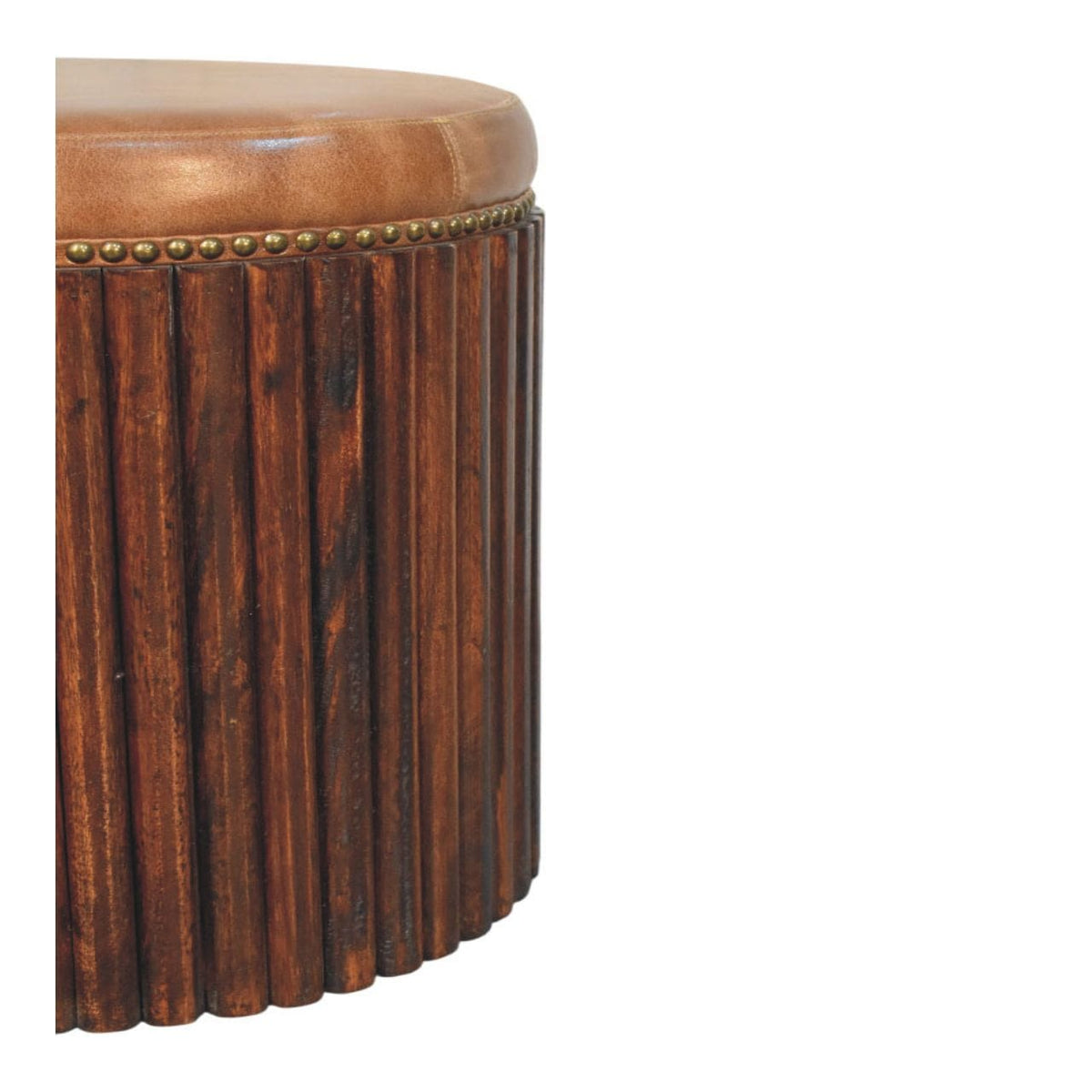 Ribbed Leather Accent Stool with Solid Mango Wood Base - product view 5 showing handcrafted solid mango wood stool