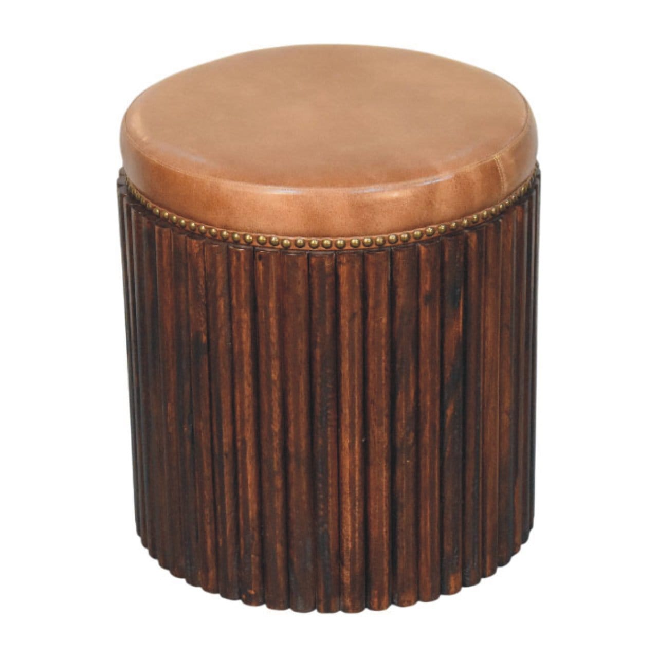 Ribbed Leather Accent Stool with Solid Mango Wood Base - main view showing handcrafted solid mango wood stool