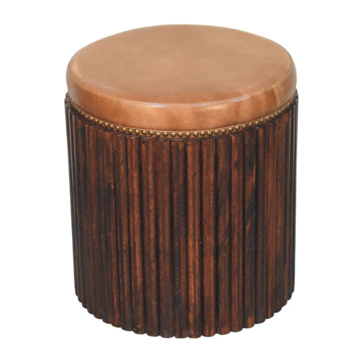 Ribbed Leather Accent Stool with Solid Mango Wood Base - main view showing handcrafted solid mango wood stool