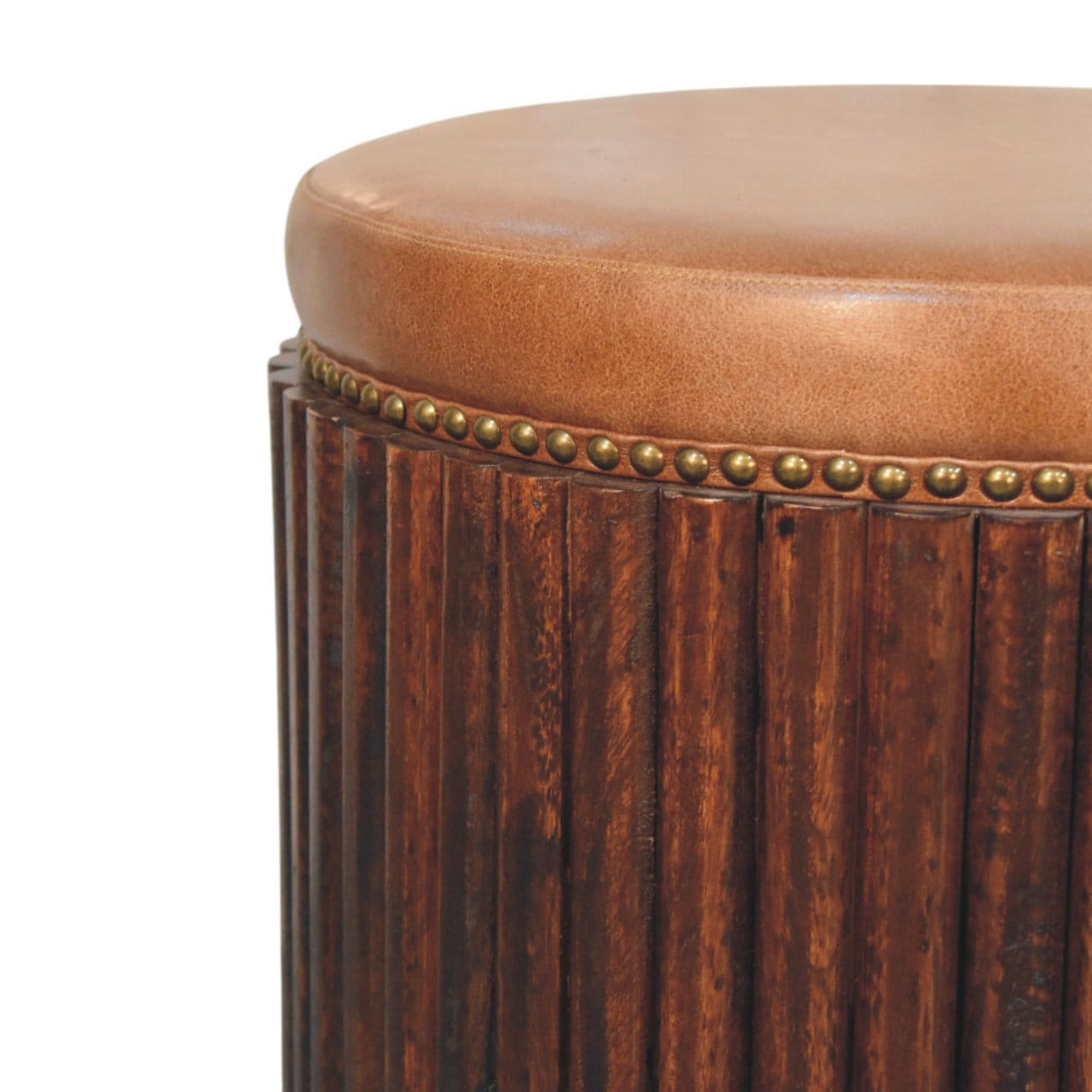 Ribbed Leather Accent Stool with Solid Mango Wood Base - product view 2 showing handcrafted solid mango wood stool