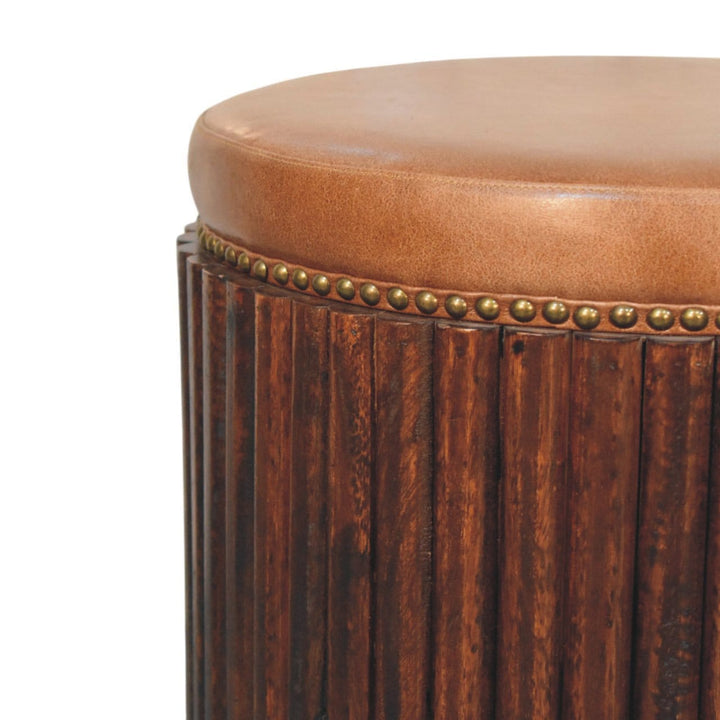 Ribbed Leather Accent Stool with Solid Mango Wood Base - product view 2 showing handcrafted solid mango wood stool