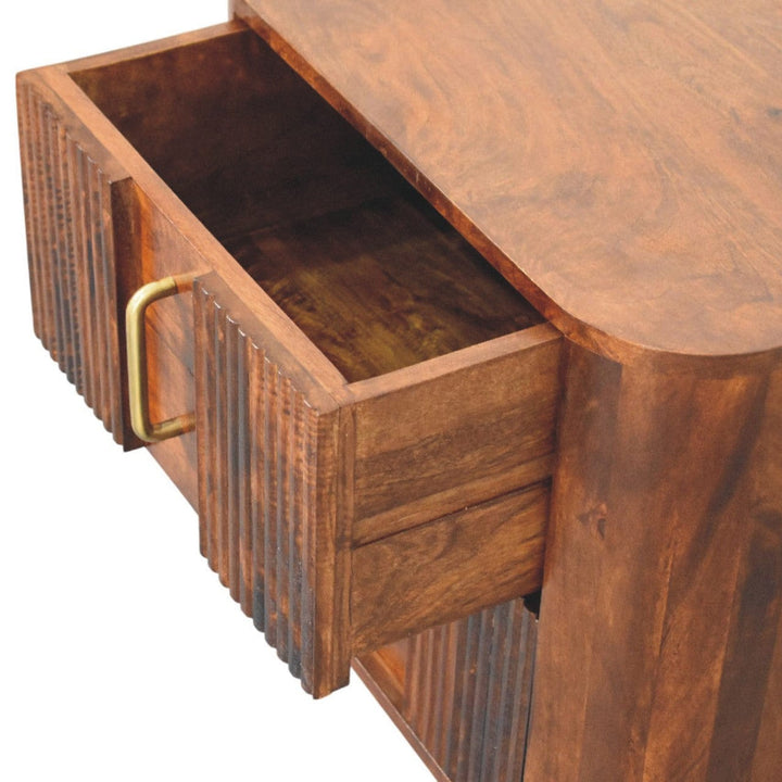 Ribera Chestnut Bedside Table - Solid Mango Wood Nightstand with Drawers - product view 5 showing handcrafted solid mango...