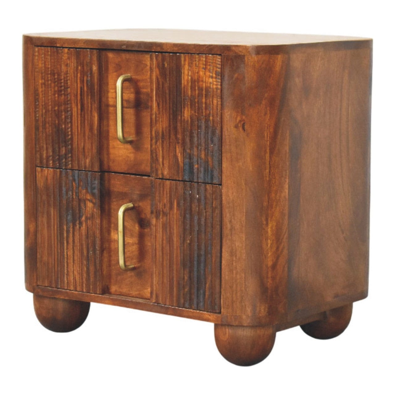 Ribera Chestnut Bedside Table - Solid Mango Wood Nightstand with Drawers - product view 2 showing handcrafted solid mango...