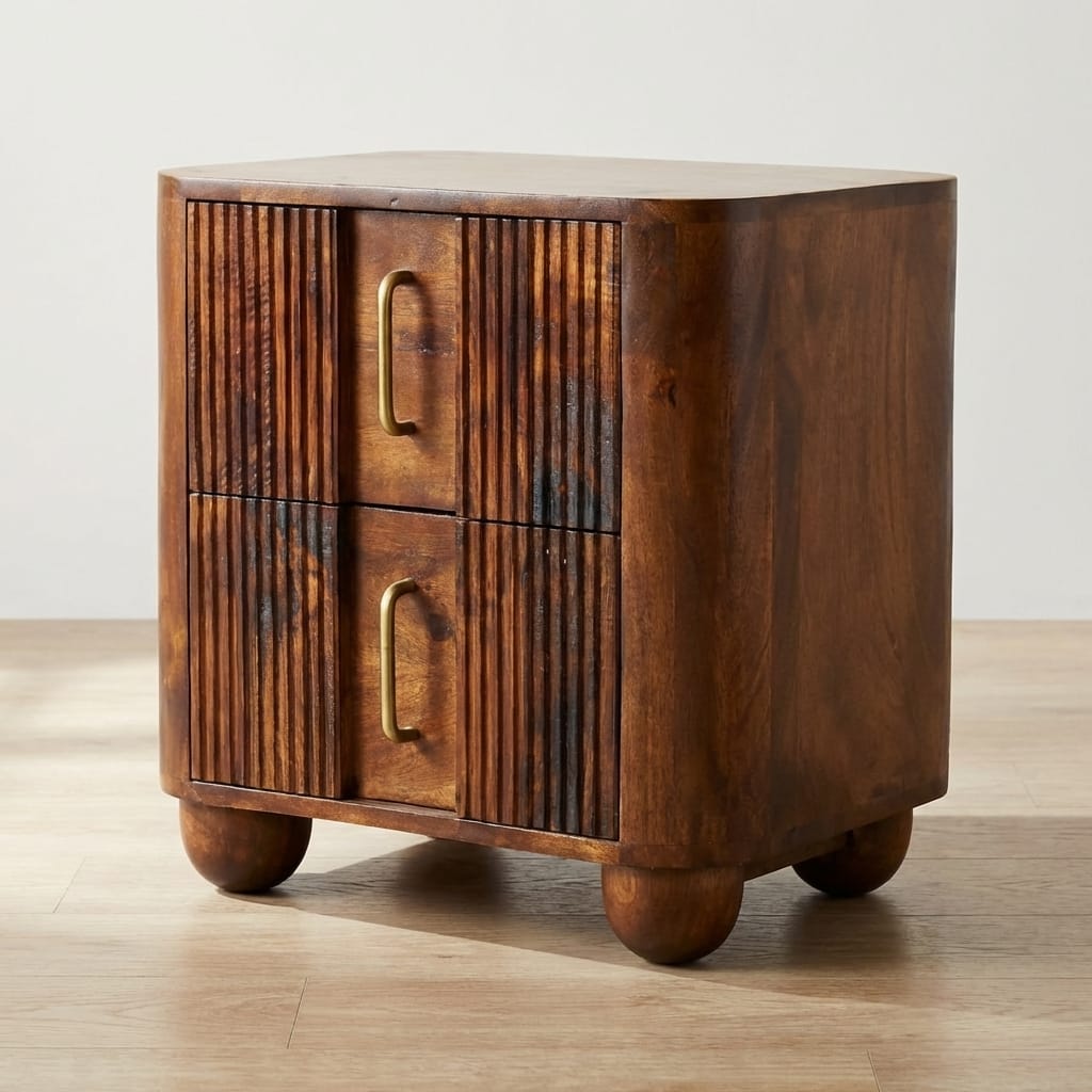 Ribera Chestnut Bedside Table - Solid Mango Wood Nightstand with Drawers - main view showing handcrafted solid mango wood...