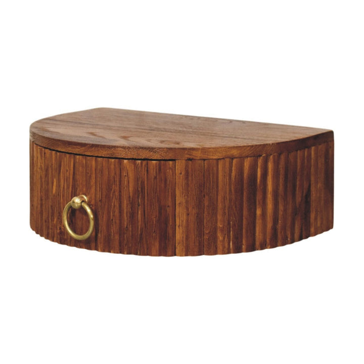 Ring Pull Wall Nightstand in Tiger Oak Finish - Solid Mango Wood Floating Bedside Table - product view 3 showing...
