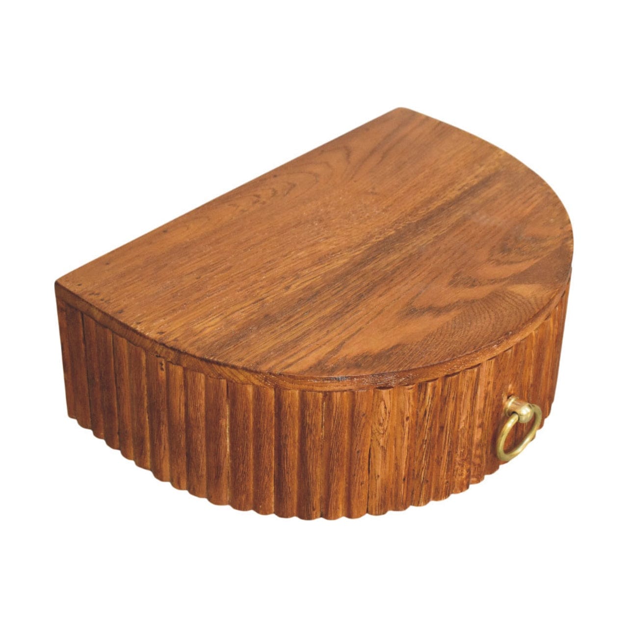 Ring Pull Wall Nightstand in Tiger Oak Finish - Solid Mango Wood Floating Bedside Table - product view 4 showing...