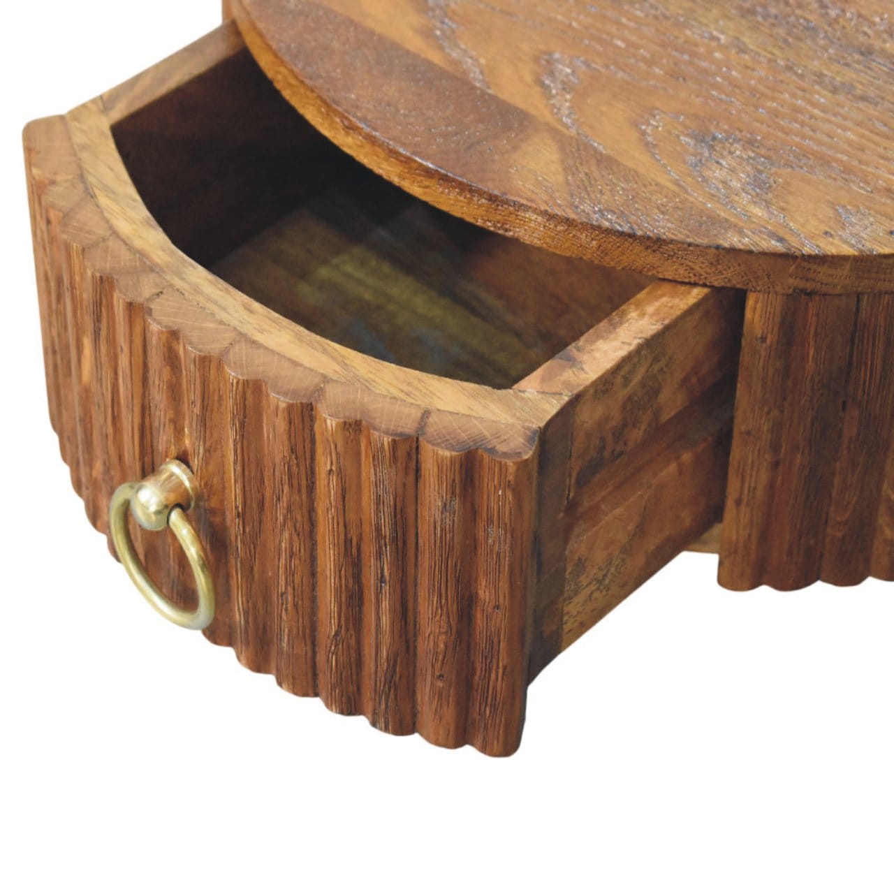 Ring Pull Wall Nightstand in Tiger Oak Finish - Solid Mango Wood Floating Bedside Table - product view 7 showing...