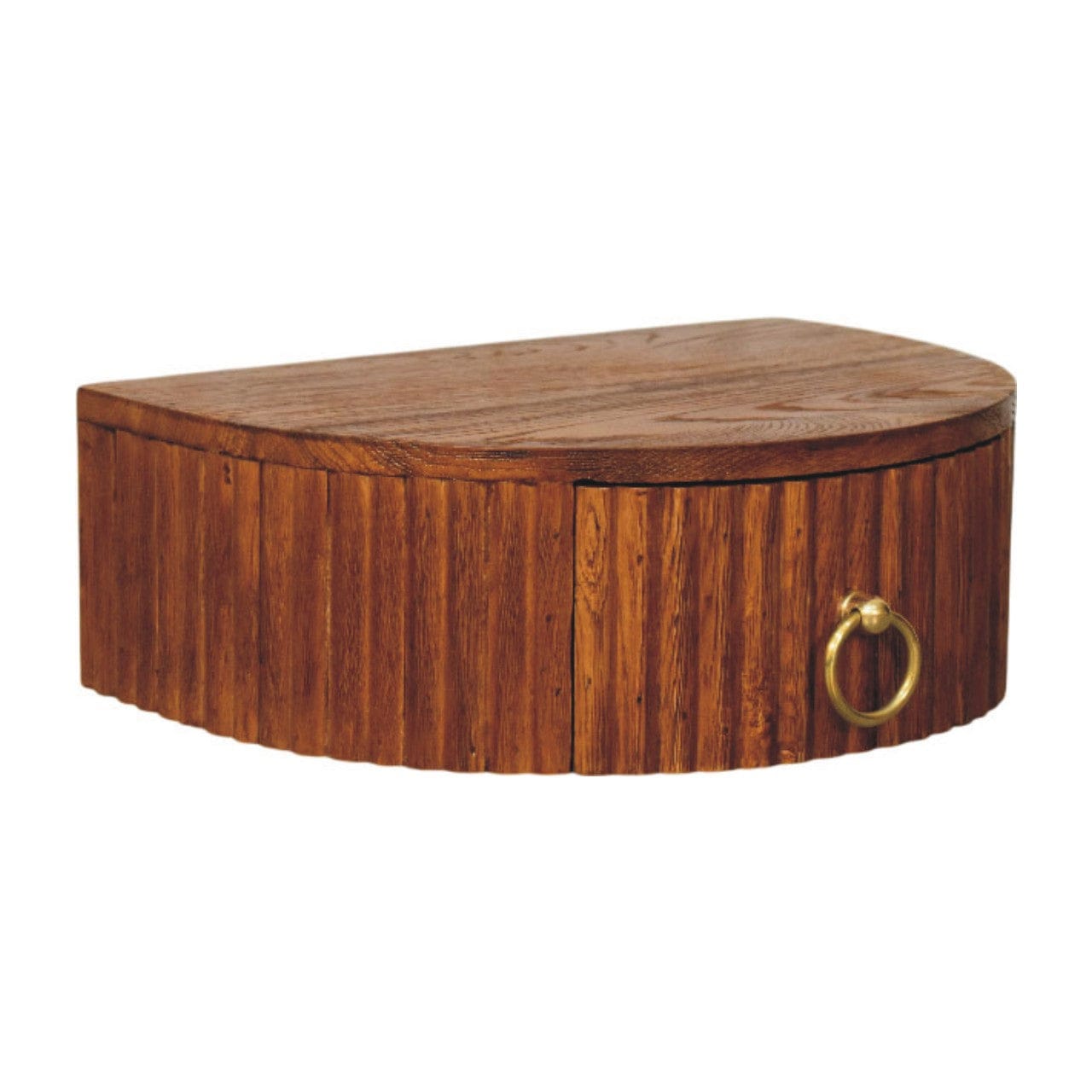 Ring Pull Wall Nightstand in Tiger Oak Finish - Solid Mango Wood Floating Bedside Table - product view 2 showing...