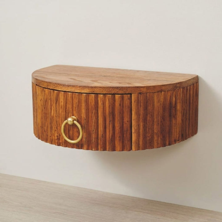 Ring Pull Wall Nightstand in Tiger Oak Finish - Solid Mango Wood Floating Bedside Table - main view showing handcrafted...
