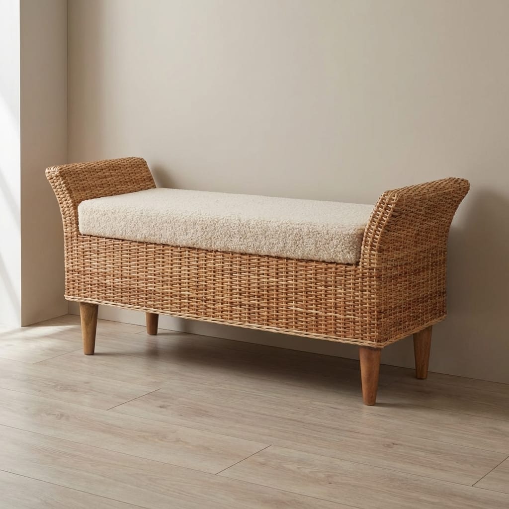 Riviera Woven Bench - Solid Mango Wood Seating Furniture for Entryway - main view showing handcrafted solid mango wood bench