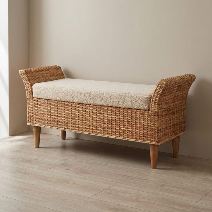 Riviera Woven Bench - Solid Mango Wood Seating Furniture for Entryway - main view showing handcrafted solid mango wood bench