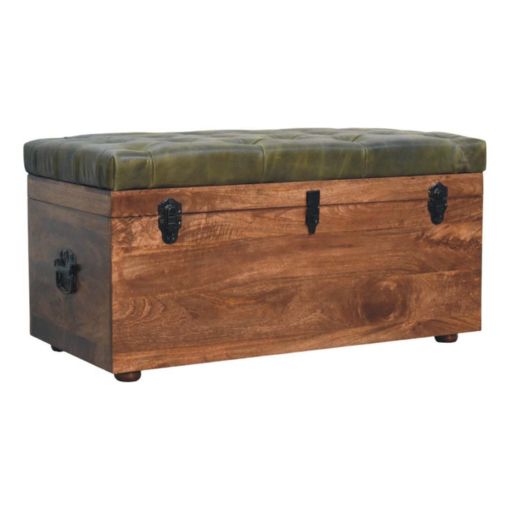 Roasted Almond Storage Trunk Bench in Solid Mango Wood - product view 2 showing handcrafted solid mango wood bench