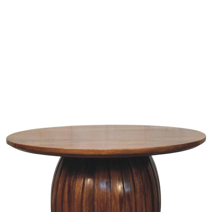 Round Fluted Coffee Table in Solid Mango Wood - product view 3 showing handcrafted solid mango wood coffee table