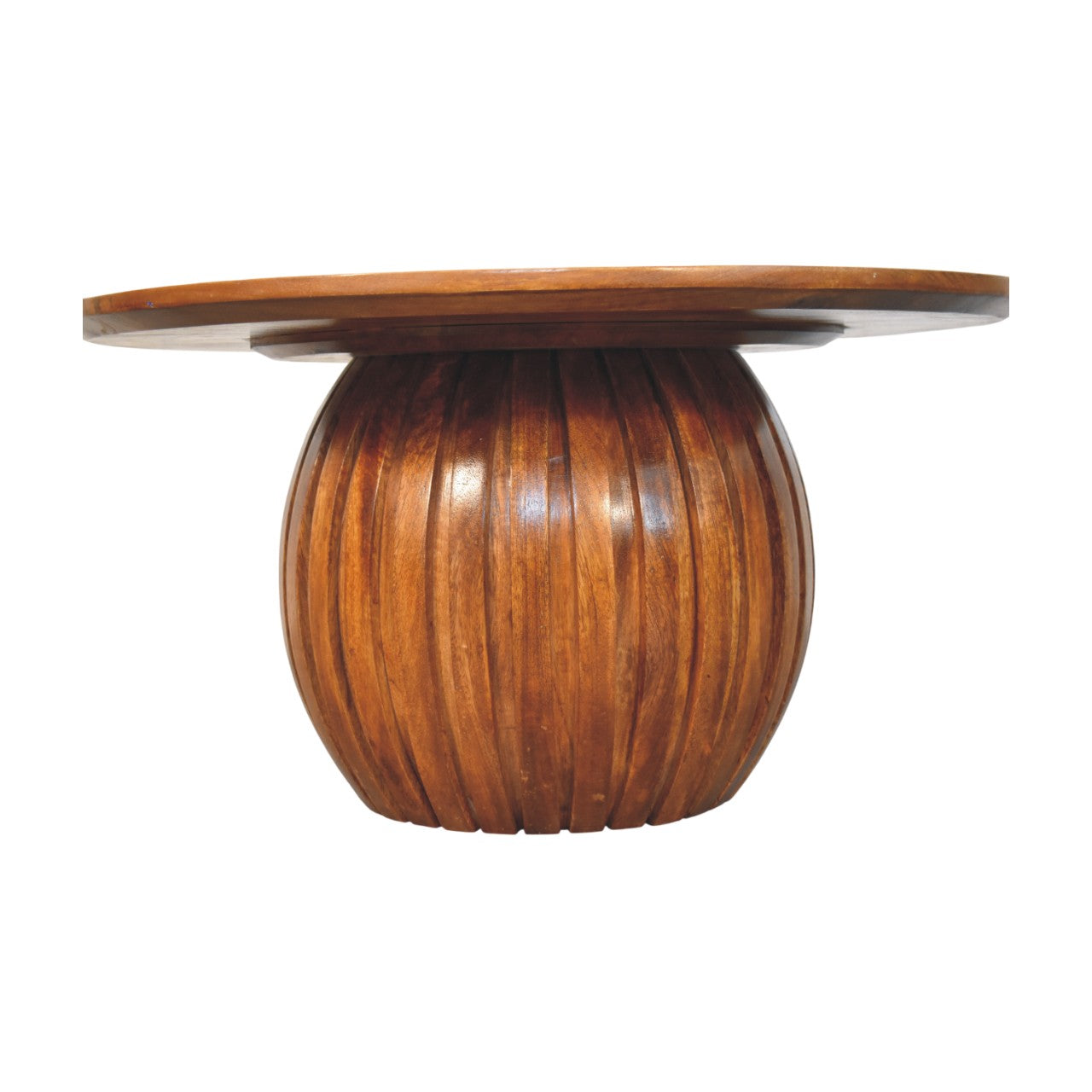 Round Fluted Coffee Table in Solid Mango Wood - product view 6 showing handcrafted solid mango wood coffee table