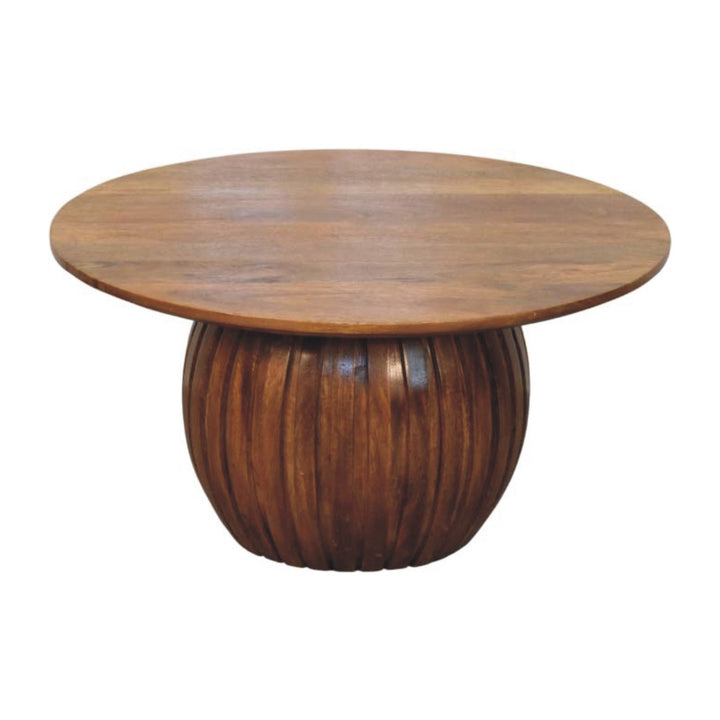 Round Fluted Coffee Table in Solid Mango Wood - main view showing handcrafted solid mango wood coffee table
