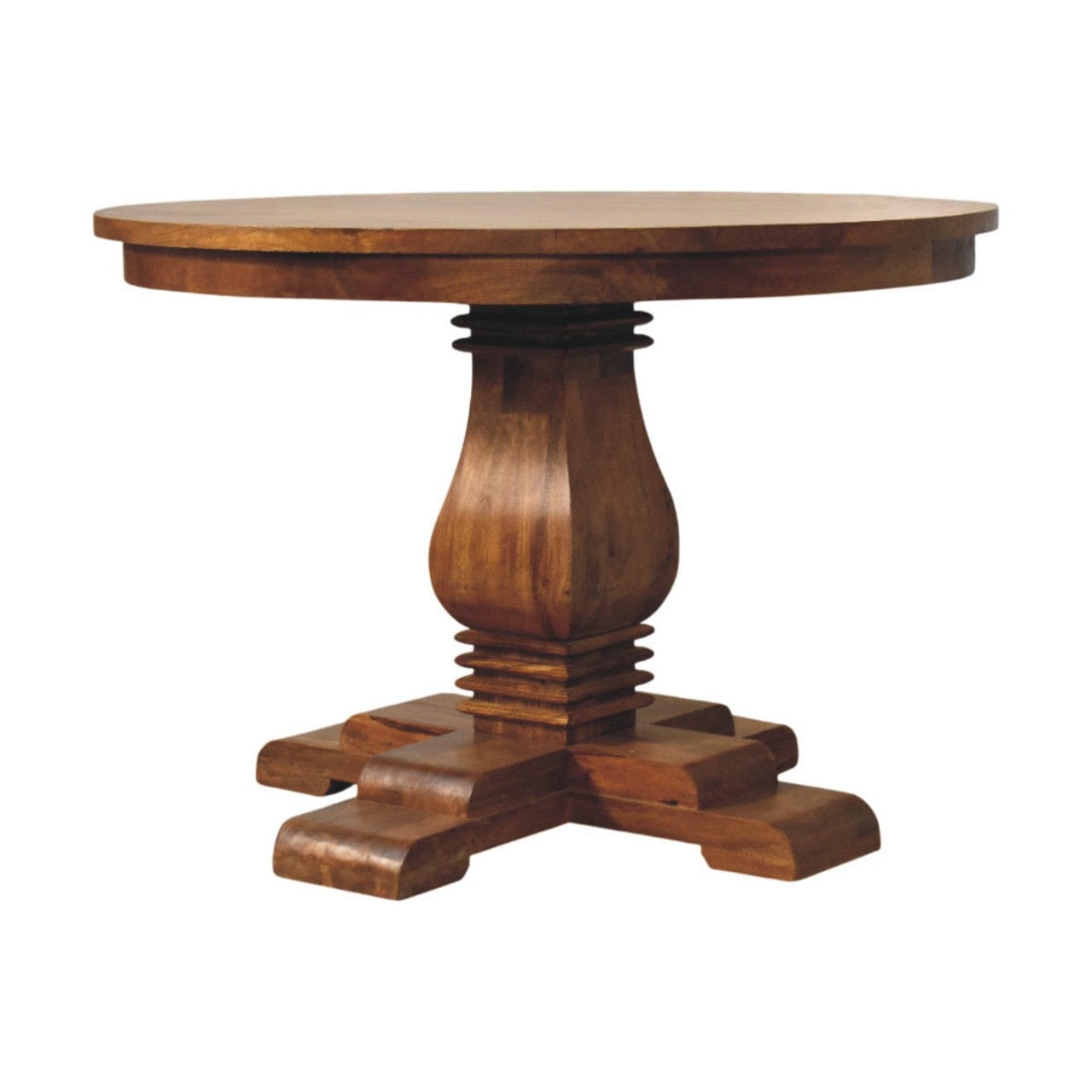 Round Dining Table in Amber Oak Tone - Solid Mango Wood Pedestal Dining Table - product view 2 showing handcrafted solid...