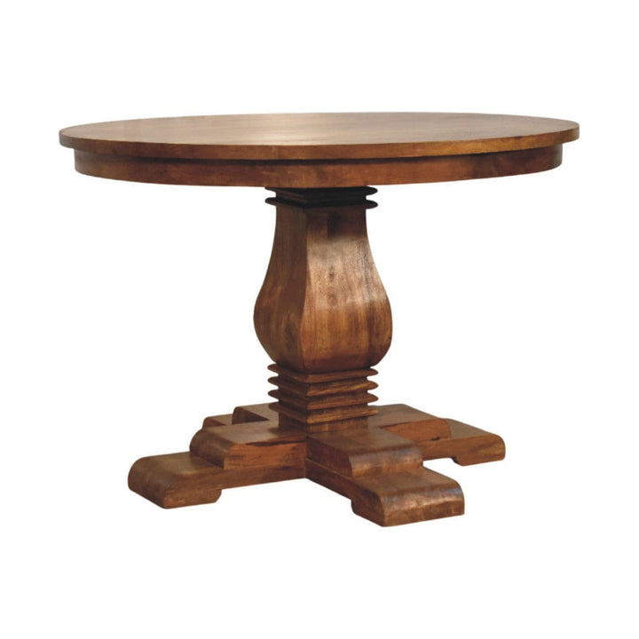 Round Dining Table in Amber Oak Tone - Solid Mango Wood Pedestal Dining Table - product view 3 showing handcrafted solid...