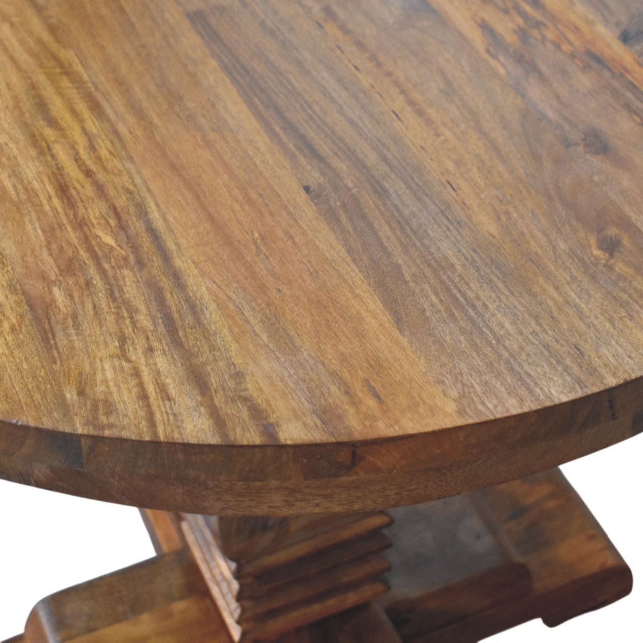 Round Dining Table in Amber Oak Tone - Solid Mango Wood Pedestal Dining Table - product view 5 showing handcrafted solid...