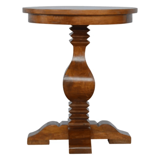 Round Pedestal Tea Table - Solid Mango Wood Accent Table for Living Room - product view 6 showing handcrafted solid mango...