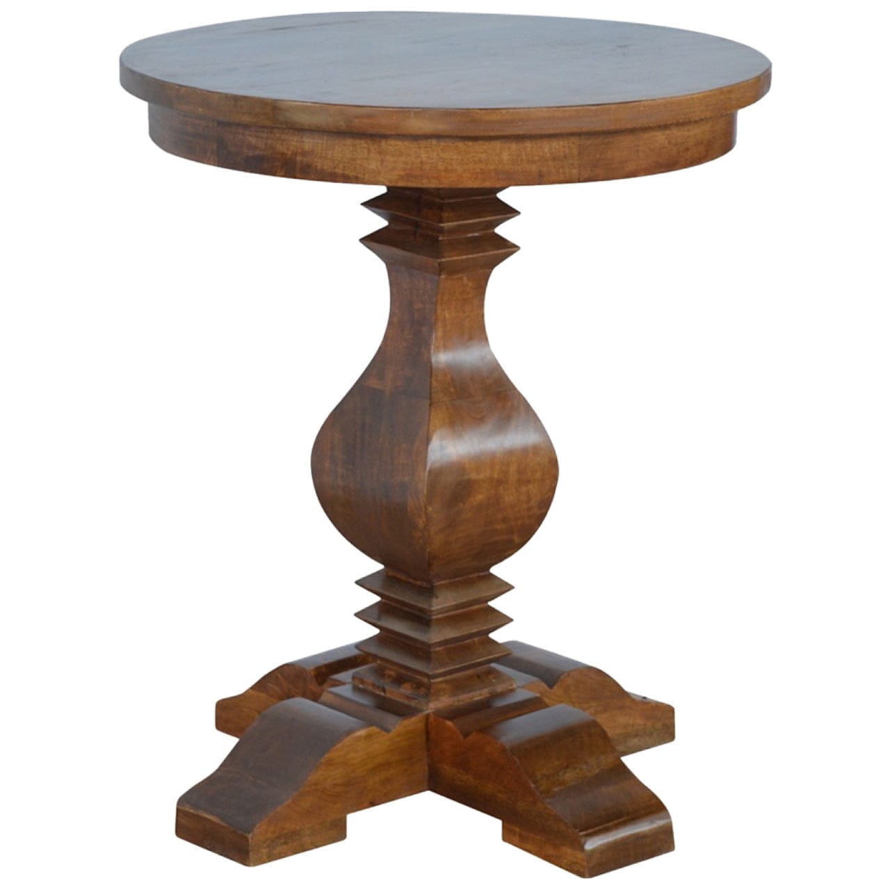 Round Pedestal Tea Table - Solid Mango Wood Accent Table for Living Room - main view showing handcrafted solid mango wood...