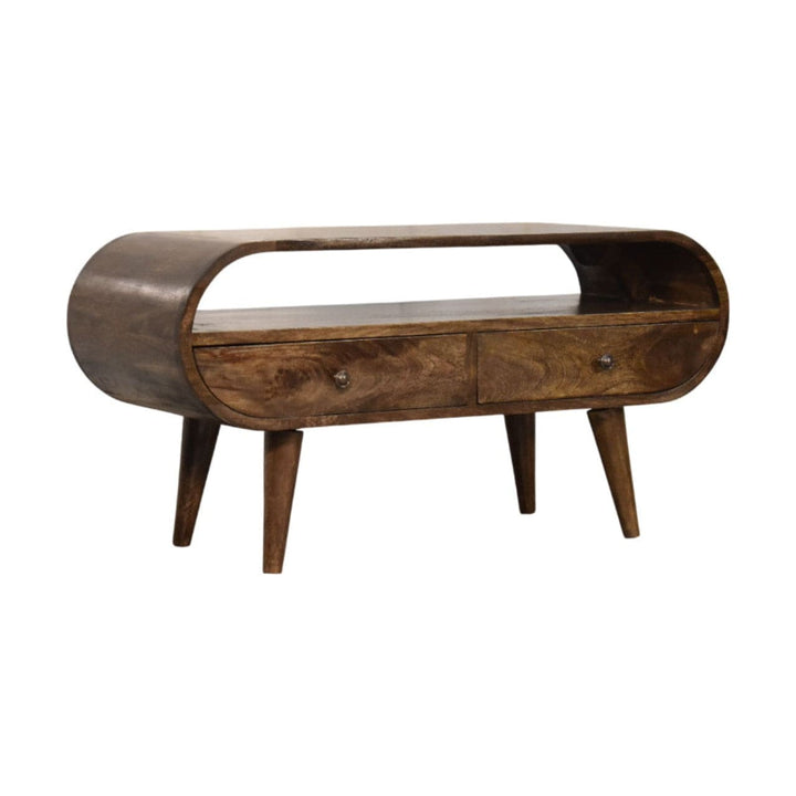 Rounded Edge 2-Drawer Media Unit - Solid Mango Wood TV Stand for Living Room - product view 3 showing handcrafted solid...