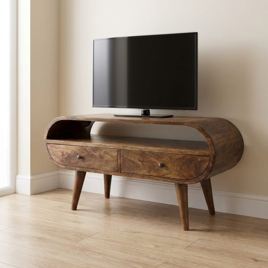 Rounded Edge 2-Drawer Media Unit - Solid Mango Wood TV Stand for Living Room - main view showing handcrafted solid mango...