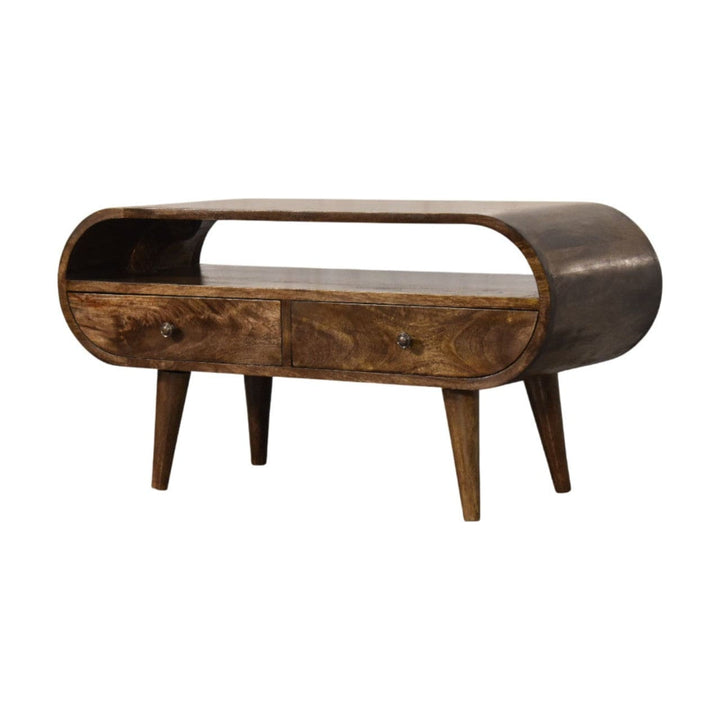 Rounded Edge 2-Drawer Media Unit - Solid Mango Wood TV Stand for Living Room - product view 2 showing handcrafted solid...