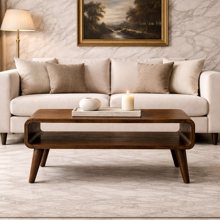 Classic Grey Rounded Coffee Table in Solid Mango Wood - product view 7 showing handcrafted solid mango wood coffee table