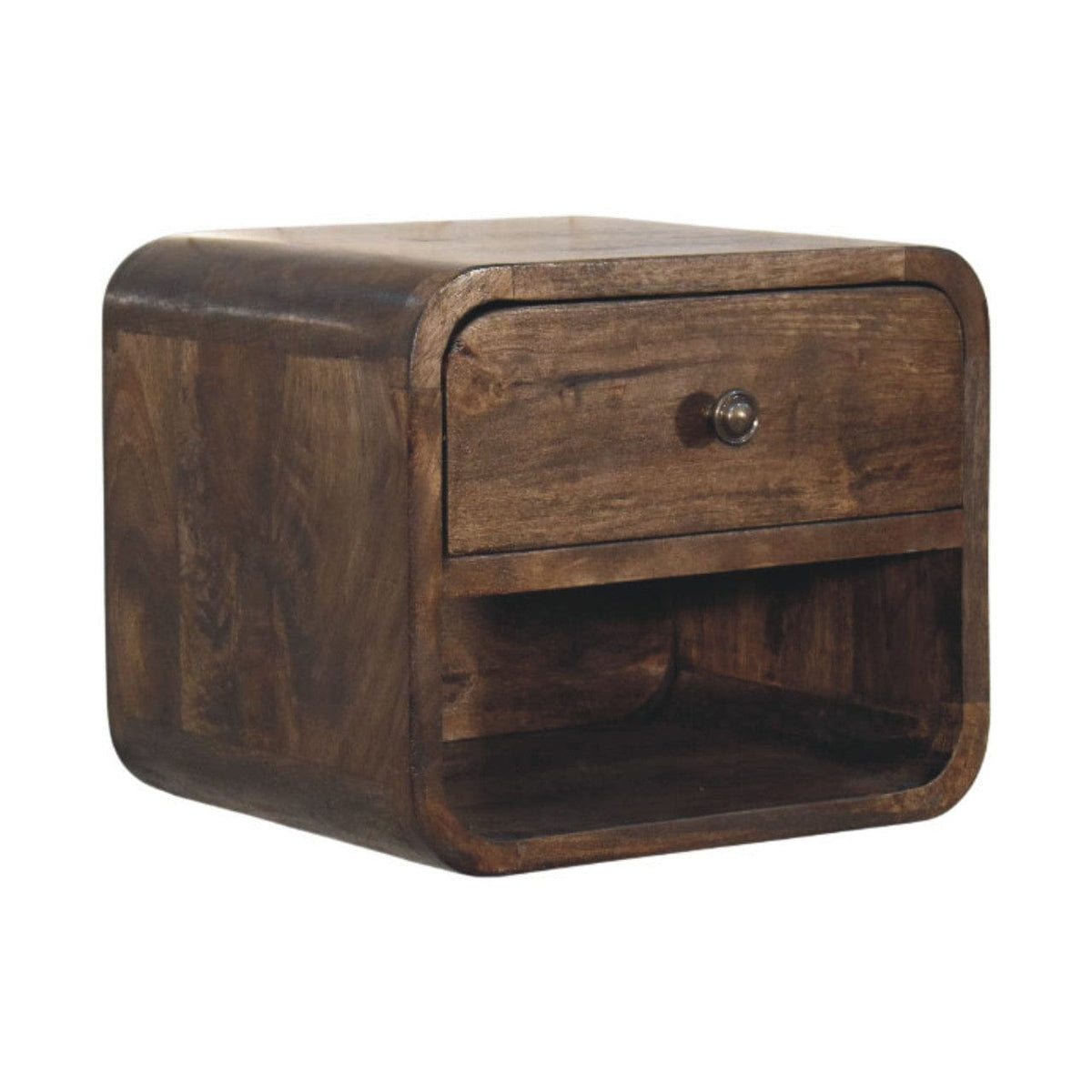 Classic Grey Rounded Nightstand in Solid Mango Wood - main view showing handcrafted solid mango wood nightstand