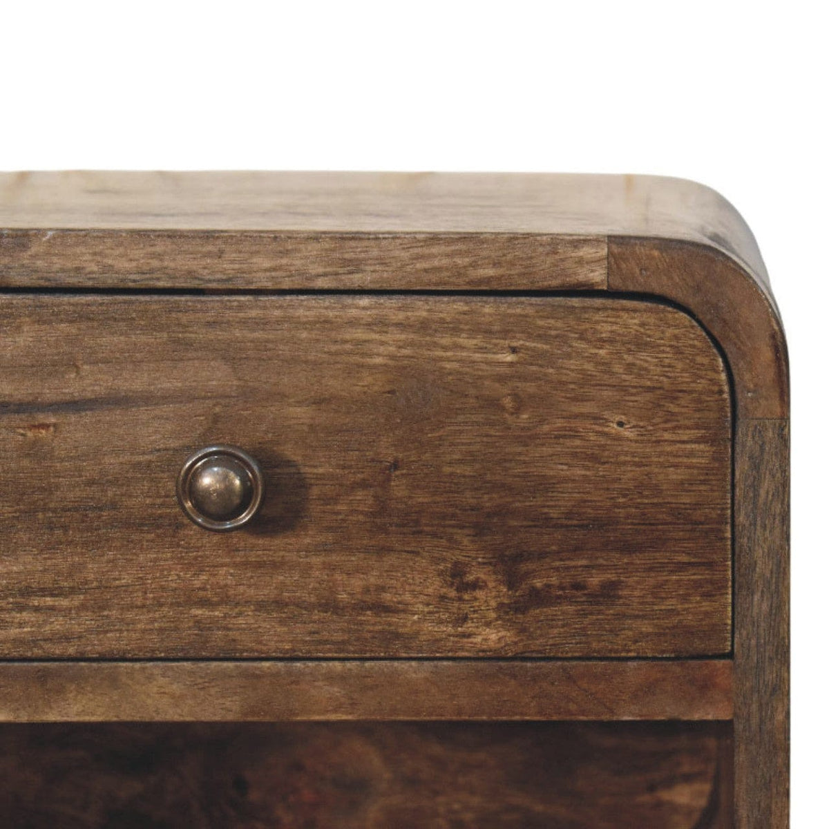 Classic Grey Rounded Nightstand in Solid Mango Wood - product view 3 showing handcrafted solid mango wood nightstand