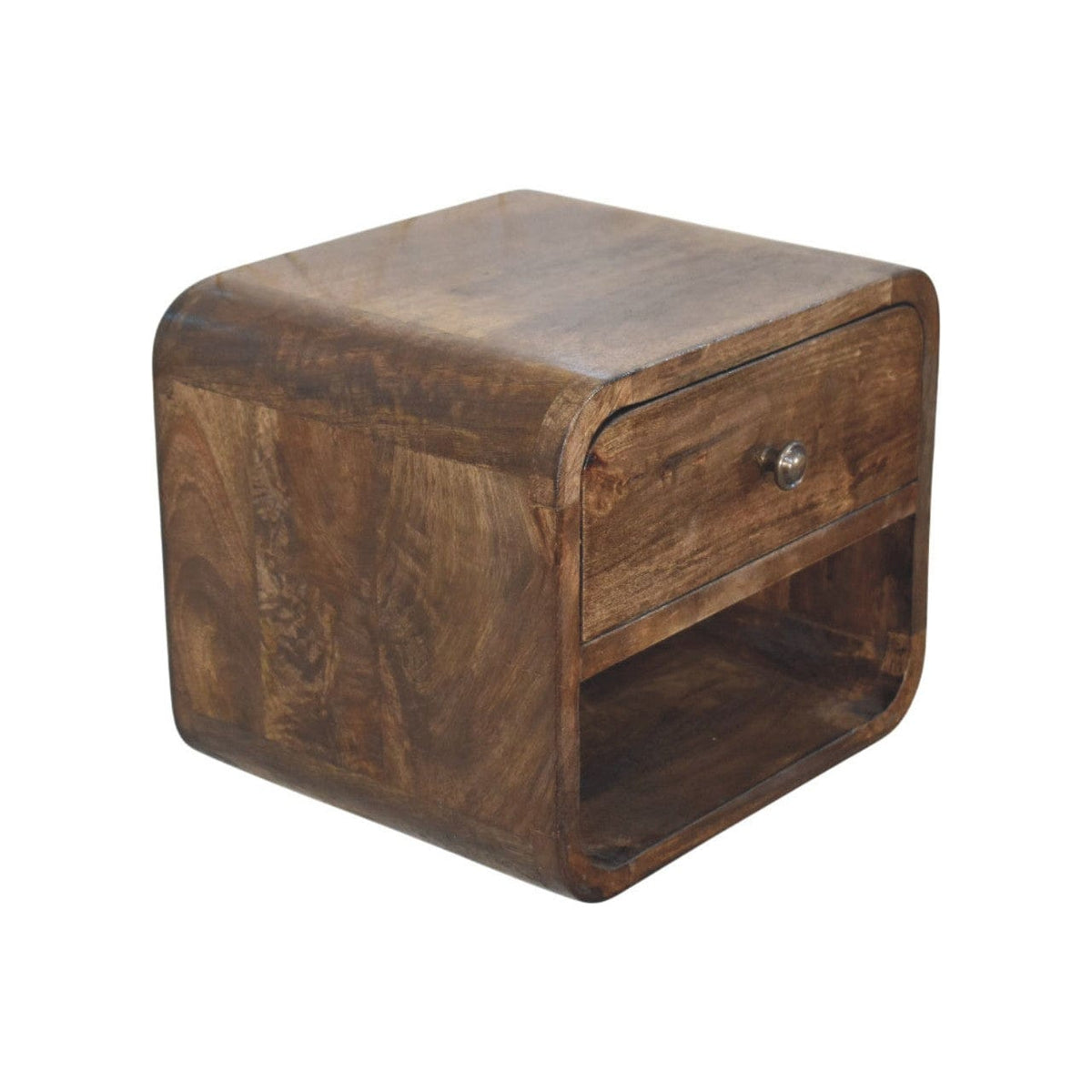 Classic Grey Rounded Nightstand in Solid Mango Wood - product view 4 showing handcrafted solid mango wood nightstand