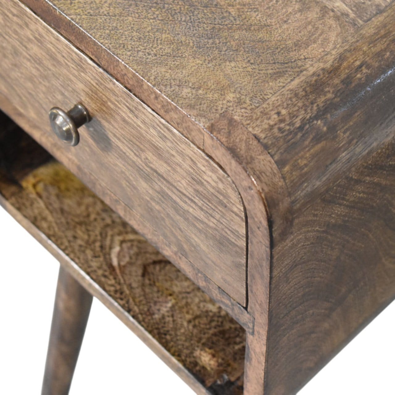 Rounded Open Shelf Bedside Table - Solid Mango Wood Nightstand with Drawer - product view 5 showing handcrafted solid...