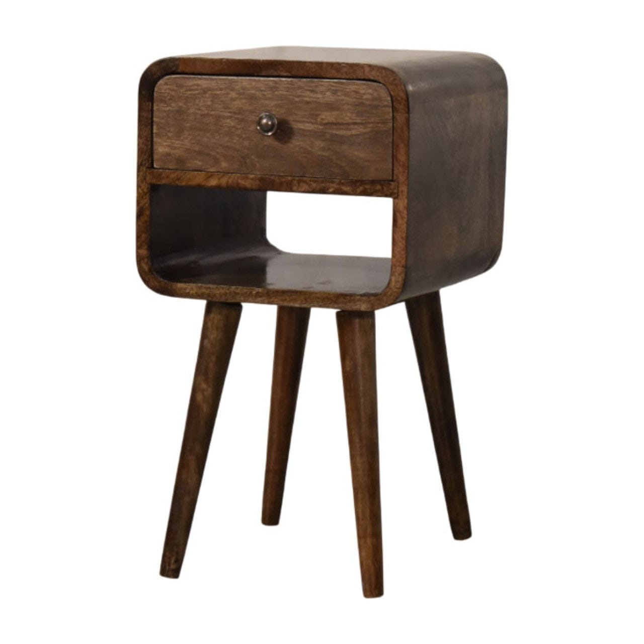 Rounded Open Shelf Bedside Table - Solid Mango Wood Nightstand with Drawer - product view 3 showing handcrafted solid...