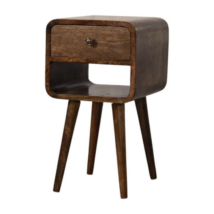 Rounded Open Shelf Bedside Table - Solid Mango Wood Nightstand with Drawer - product view 3 showing handcrafted solid...