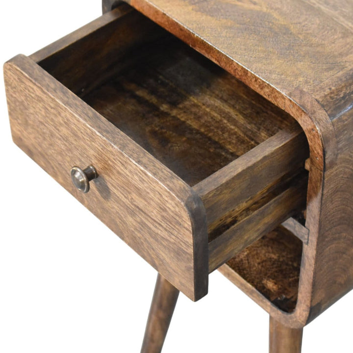 Rounded Open Shelf Bedside Table - Solid Mango Wood Nightstand with Drawer - product view 6 showing handcrafted solid...
