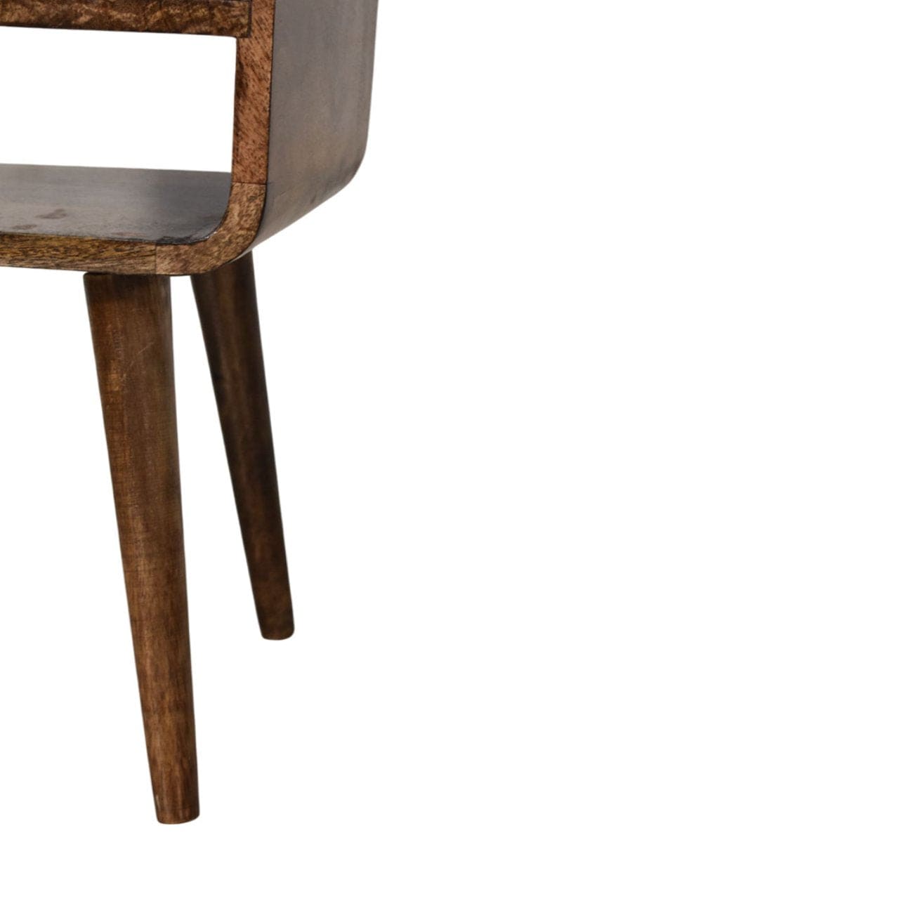 Rounded Open Shelf Bedside Table - Solid Mango Wood Nightstand with Drawer - product view 7 showing handcrafted solid...