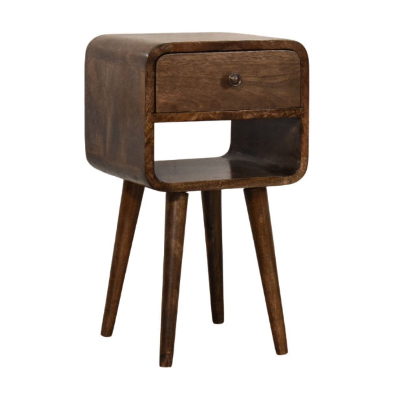 Rounded Open Shelf Bedside Table - Solid Mango Wood Nightstand with Drawer - product view 2 showing handcrafted solid...