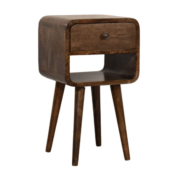 Rounded Open Shelf Bedside Table - Solid Mango Wood Nightstand with Drawer - product view 2 showing handcrafted solid...