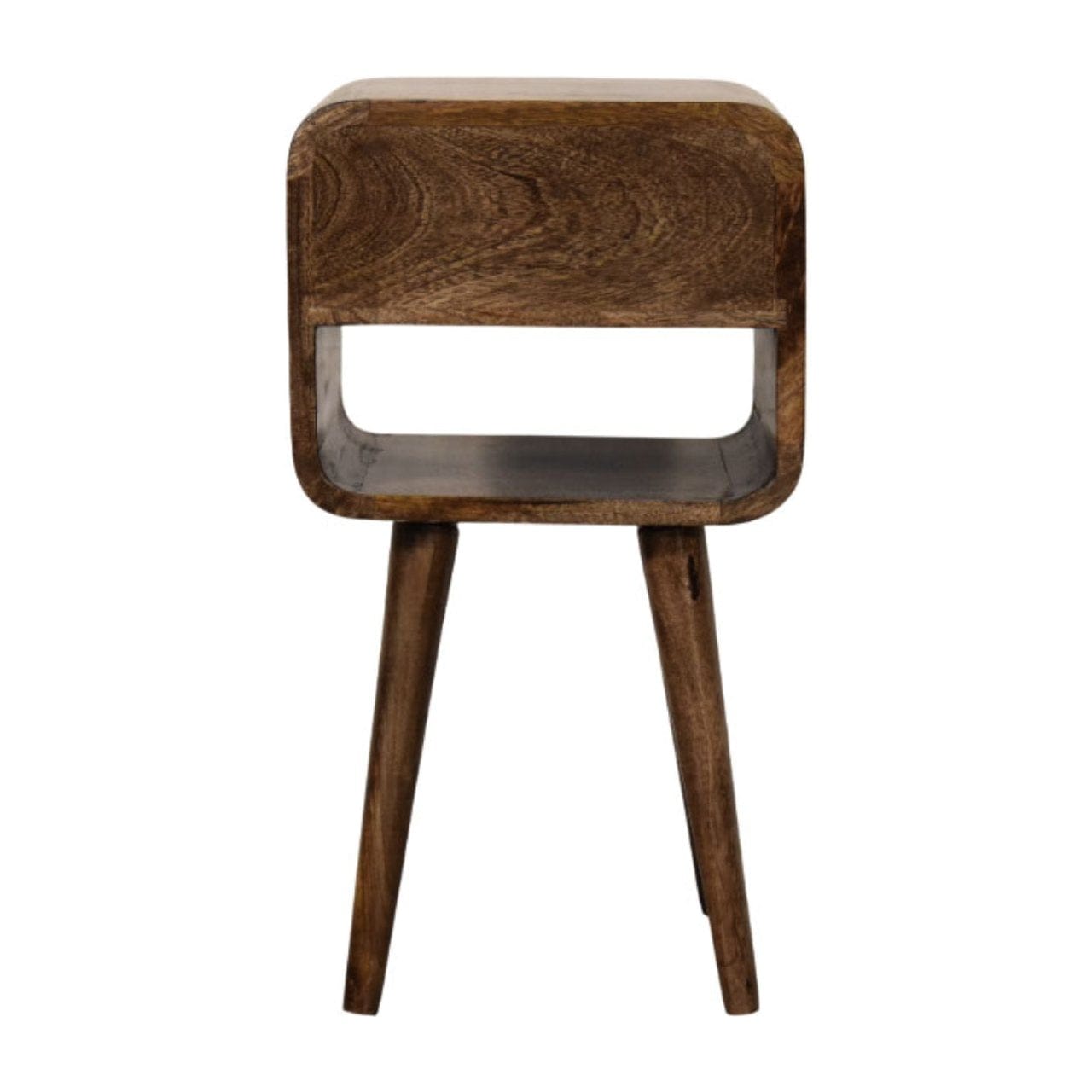 Rounded Open Shelf Bedside Table - Solid Mango Wood Nightstand with Drawer - product view 9 showing handcrafted solid...