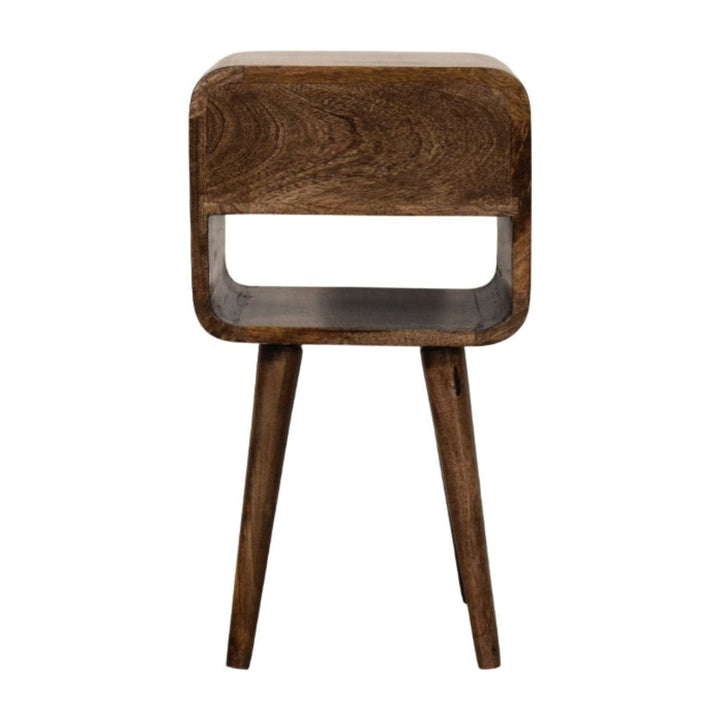 Rounded Open Shelf Bedside Table - Solid Mango Wood Nightstand with Drawer - product view 9 showing handcrafted solid...
