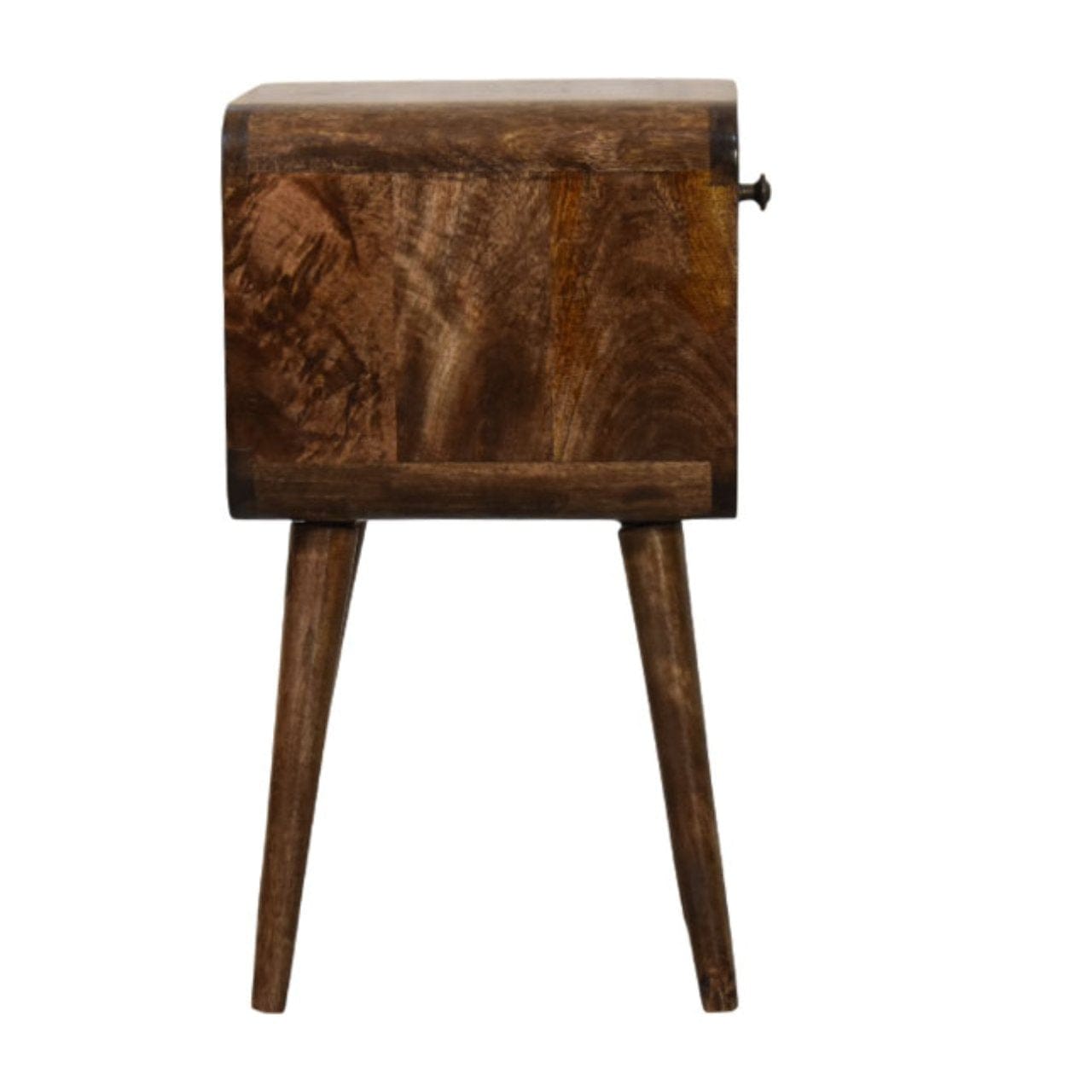 Rounded Open Shelf Bedside Table - Solid Mango Wood Nightstand with Drawer - product view 8 showing handcrafted solid...