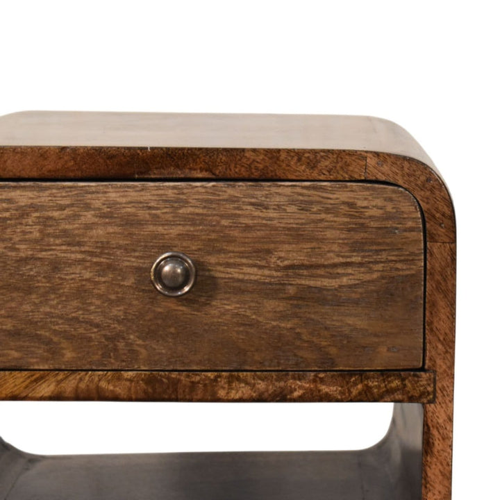 Rounded Open Shelf Bedside Table - Solid Mango Wood Nightstand with Drawer - product view 4 showing handcrafted solid...