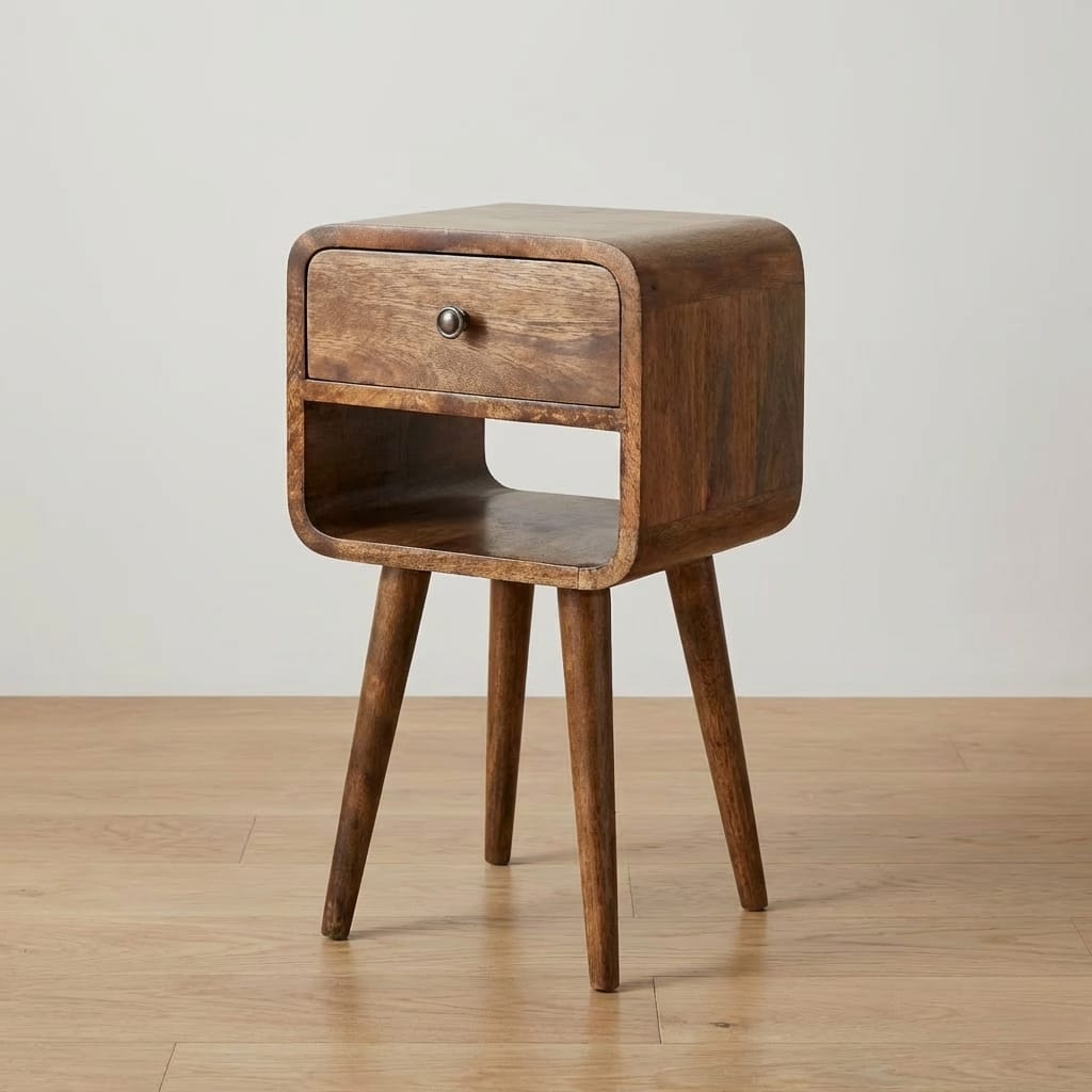 Rounded Open Shelf Bedside Table - Solid Mango Wood Nightstand with Drawer - main view showing handcrafted solid mango...