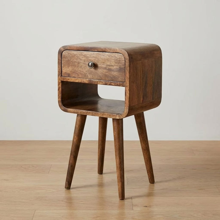 Rounded Open Shelf Bedside Table - Solid Mango Wood Nightstand with Drawer - main view showing handcrafted solid mango...